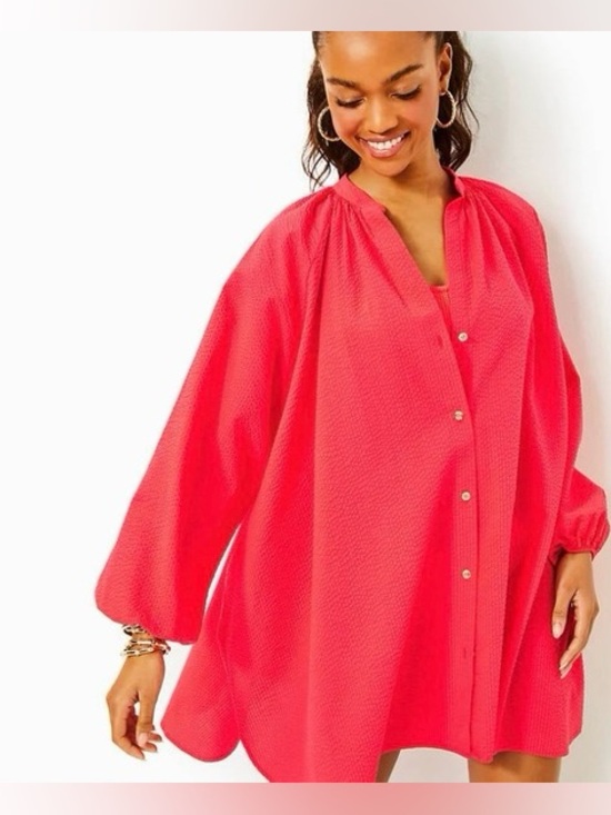 Lilly Pulitzer Tops - Lilly Pulitzer - Andrea Seersucker Red Loose Oversized Button Down Blouse Med